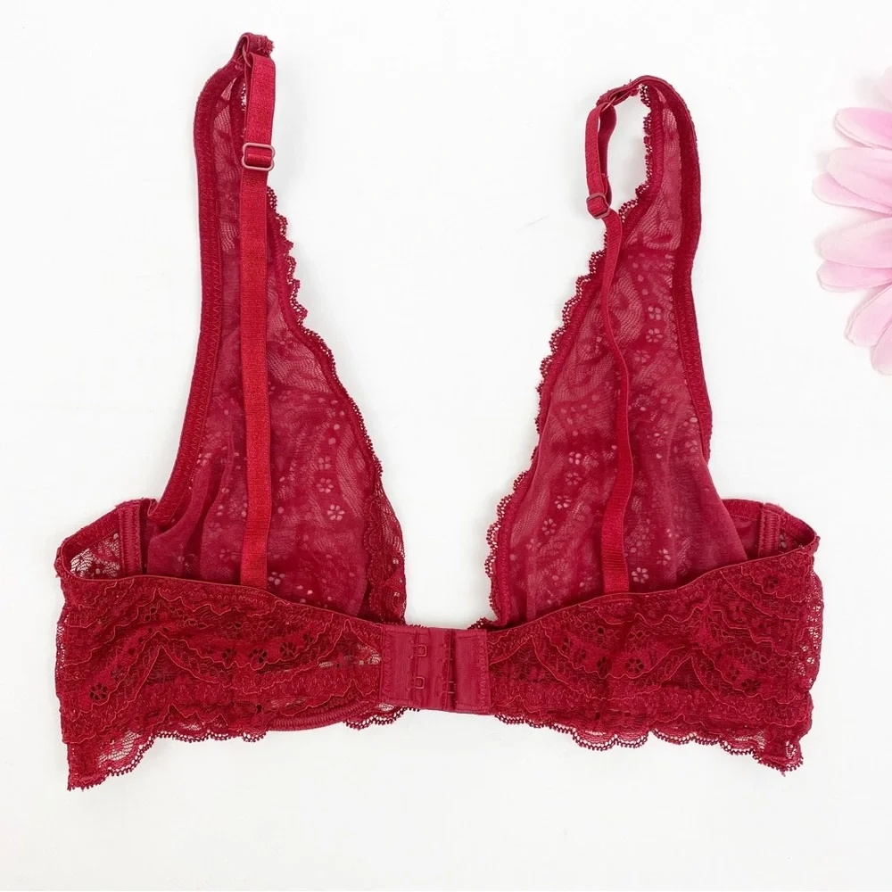 Intimately Free People Deep V Plunge Lace Underwire Bra: Crimson Red Burgundy